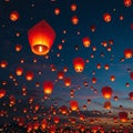 Red lanterns float gracefully in the night sky, illuminated from within by candlelight. Royalty Free Stock Photo