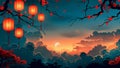 Red lanterns glow against a vibrant sunset sky Royalty Free Stock Photo
