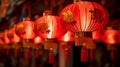 Red lanterns hanging ceiling. Chinese new year background. Royalty Free Stock Photo