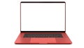 Red laptop with blank screen isolated on white background. Whole in focus. High detailed.