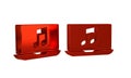 Red Laptop with music note symbol on screen icon isolated on transparent background.