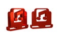 Red Laptop with music note symbol on screen icon isolated on transparent background.