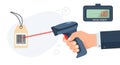 Red laser beam extending to the tag. The tag is attached to a Royalty Free Stock Photo