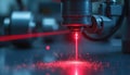 Red laser beam from machine cuts material surface. Sparks fly in precision work in modern lab. Future tech innovation Royalty Free Stock Photo