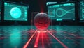 Red laser beam scans red sphere object surrounded by futuristic digital grid. Computer screens show data analysis, science Royalty Free Stock Photo