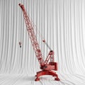A red, lattice-boom crane stands on a smooth, white fabric backgroun Royalty Free Stock Photo