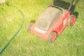 Red Lawn mower cutting green grass/red lawn mower on a green lawn. Selective focus Royalty Free Stock Photo