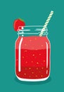 Red layered berry smoothie in mason jar with strawberry and swirled straw. Vector hand drawn illustration.