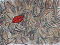 Red Leaf On A Background Of Brown And Yellow Leaves. Autumn Watercolor Background. Drawing, Gouache