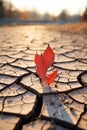 a red leaf sits on the cracked surface of the ground