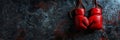 Red leather boxing gloves hanging on a blue wall. Banner. Textured backdrop with copy space. Minimalistic sports Royalty Free Stock Photo