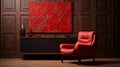 Red Leather Chair With Art Nouveau Style On Wooden Wall