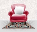 Red leather chair with a white pillow in light floral interior