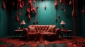 A red leather couch covered with red cloth soaked in red paint stands in the middle of the room