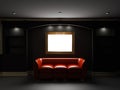 Red leather divan and bookcase in dark room