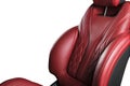 Red leather interior of the luxury modern car. Perforated red leather comfortable seats with stitching isolated on white backgroun Royalty Free Stock Photo