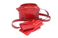 Red leather lady bag, gloves and purse Royalty Free Stock Photo