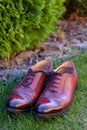 Red Goodyear welted leather mens wedding patina dress shoes with leather sole