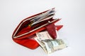 Red leather purse with money Royalty Free Stock Photo