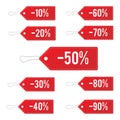 Red leather sale price tags set. Vector illustration.