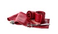 Red leather samples and craftsman tools isolated Royalty Free Stock Photo