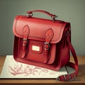 a red leather satchel handbag on a brown wooden table, silver double clasp with shoulder strap and handle, generative ai