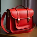 a red leather satchel handbag, silver double clasp with shoulder strap and handle. generative ai Royalty Free Stock Photo