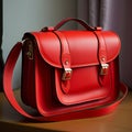 a red leather satchel handbag, silver double clasp with shoulder strap and handle. generative ai Royalty Free Stock Photo