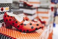 Red leather shoes with black polka dots of flamenco spanish dancer