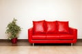 Red leather sofa with pillow and plant Royalty Free Stock Photo