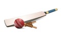 Red leather stitched Cricket ball, wooden wickets and bat isolated on white background Royalty Free Stock Photo