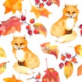 Red leaves, fox animal. Seamless autumn pattern. Watercolor Royalty Free Stock Photo