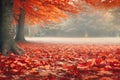 Red leaves lying on the ground under maple tree in autumn park, with copy space. Generative AI illustration Royalty Free Stock Photo