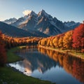 Red leaves are seen over Lake Arpy in the Alps of Aosta Valley, Italy.