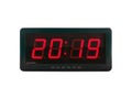 Red led light illumination numbers 2019 on black digital electric alarm clock face isolated on white background Royalty Free Stock Photo