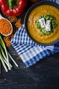 Red lentil cream soup decorated with fresh vegetables and greens. Veggie concept. Proper nutrition. View from above Royalty Free Stock Photo