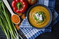 Red lentil cream soup decorated with fresh vegetables and greens. Veggie concept. Proper nutrition. View from above Royalty Free Stock Photo