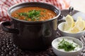 Red lentil soup and Greek yogurt Royalty Free Stock Photo