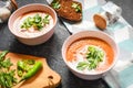 Red lentil tomato soup - delicious vegetarian food on stone background. Healthy lunch Royalty Free Stock Photo