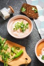 Red lentil tomato soup - delicious vegetarian food on stone background. Healthy lunch Royalty Free Stock Photo