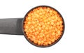Red lentils on measuring spoon and white background Royalty Free Stock Photo