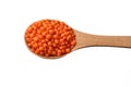 red lentils in wooden spoon isolated on white background. Top view Royalty Free Stock Photo