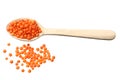 red lentils in wooden spoon isolated on white background. Top view Royalty Free Stock Photo