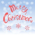 Red lettering Merry Christmas on blue sky background, white cloud, snow-flakes