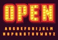 Red letters set with bright lightbulb . Illuminated broadway style alphabet. Font for casino, circus, cinema, gambling