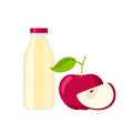 Red lid juice bottle and red apple. Flat icon red Apple fruit with leaf and yellow beverage container isolated on white