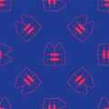 Red Life jacket icon isolated seamless pattern on blue background. Life vest icon. Extreme sport. Sport equipment Royalty Free Stock Photo