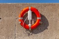 Red life safety ring buoy at port harbor prevent drowning in sea cannot swim Royalty Free Stock Photo