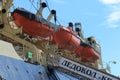 Red lifeboats of old icebreaker