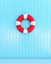 Red lifebuoy on a blue wooden plank wall, summer concept, background